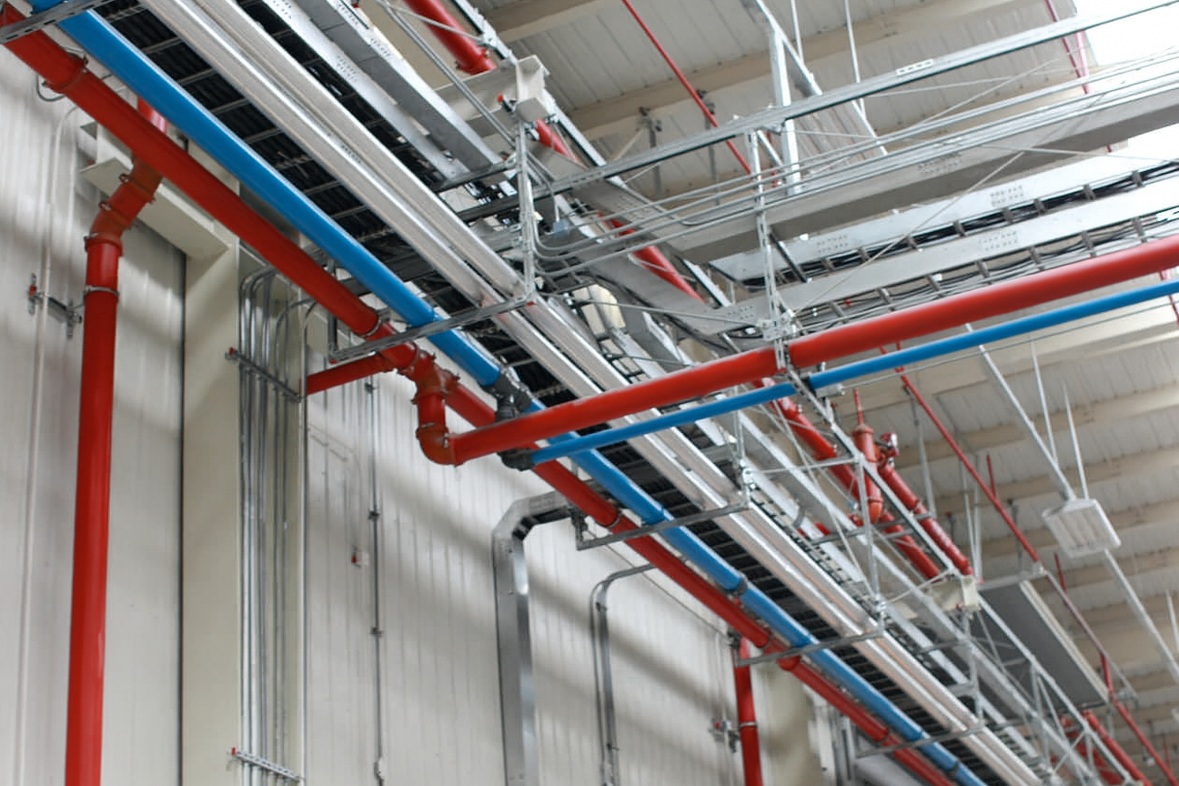 compressed-air-pipe-selection a network of pipe in different directions on the wall and connected to other pipe parallel to the ceiling made of different materials and of different colors